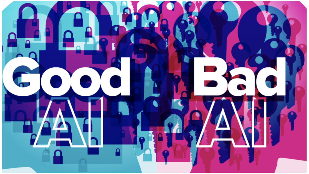 Graphic of purple locks over blue background on one half of the image and purple keys over a red background on other side of image. Text Good AI is on the blue side, Bad AI is on the red side, a plus sign is in the middle.