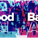 Graphic of purple locks over blue background on one half of the image and purple keys over a red background on other side of image. Text Good AI is on the blue side, Bad AI is on the red side, a plus sign is in the middle.